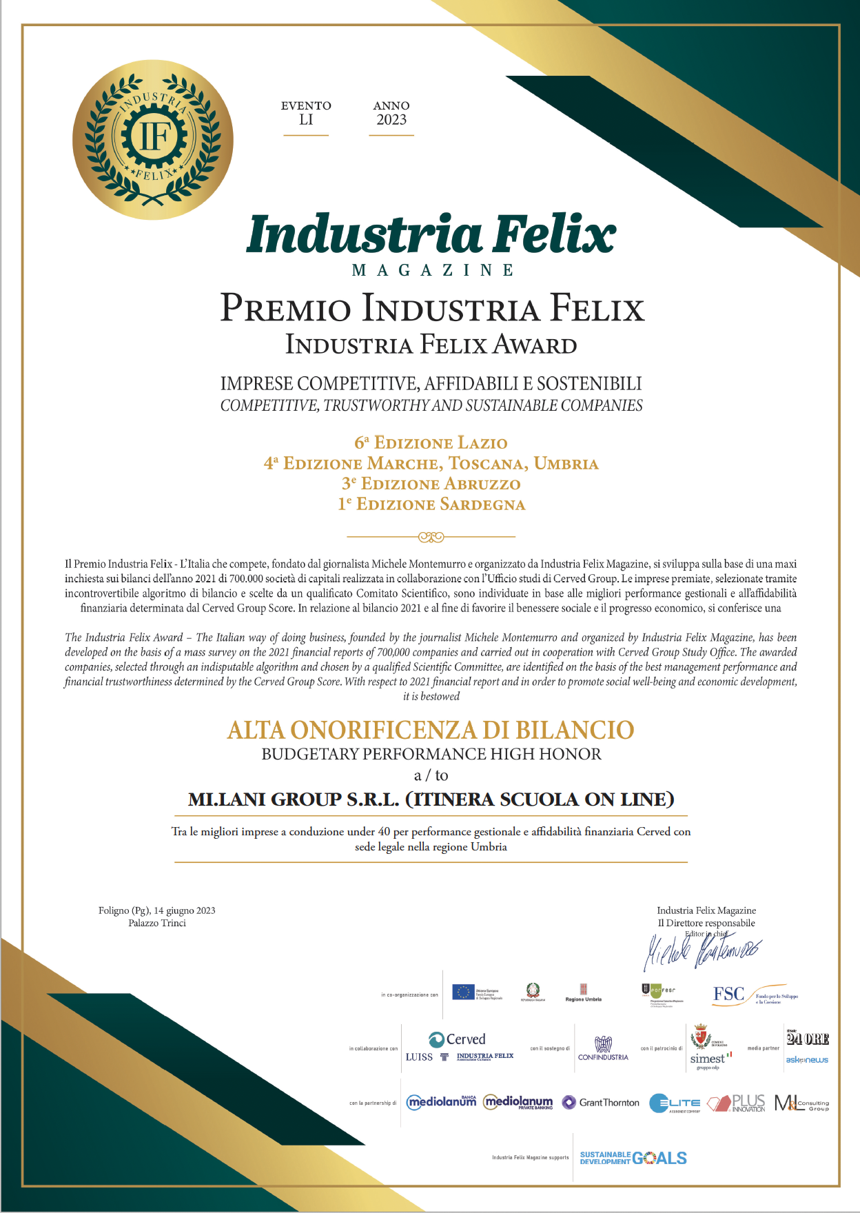 Industria Felix Premio Mi.lani Group Srl Itinera Scuola Online